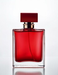 Wall Mural - Red perfume bottle on white background. Luxurious and elegant fragrance.