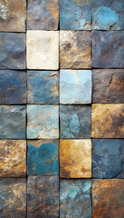 Wall Mural - a wall made of square stone tiles in shades of blue, brown, and gray  -