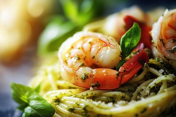 Poster - Pasta with pesto sauce and shrimp close up