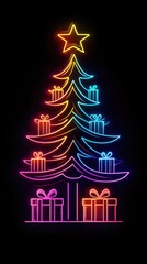 Wall Mural - neon christmas tree shining with colorful gifts on black background