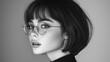 © kardaska - Young woman wearing round glasses and showing freckles in black and white portrait