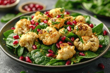 Wall Mural - Roasted turmeric cauliflower and pomegranate seeds resting on fresh spinach leaves