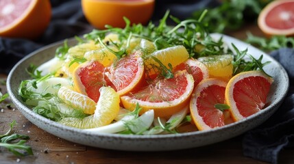 Wall Mural - Citrus salad with grapefruit, orange, lemon and arugula, seasoned with black pepper