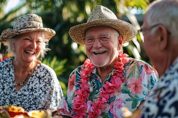 Seniors enjoying a joyful outdoor gathering in tropical attire with colorful floral decorations and smiling faces. Generative AI