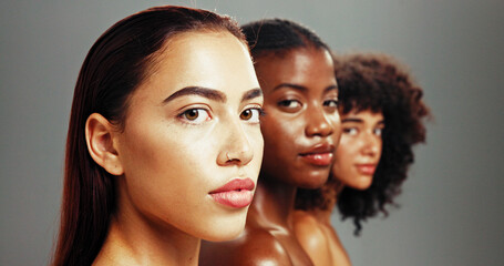 Wall Mural - women, inclusion and confident for skincare in studio background for diverse beauty. natural, people