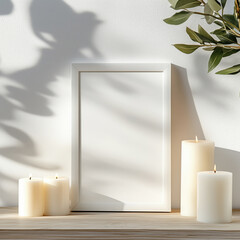 A blank gold mock-up frame on a table decorated with candles