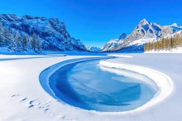 Wall Mural - Majestic snow-capped peaks rise above a frozen river winding through the enchanting valleys of the Rockies in winter