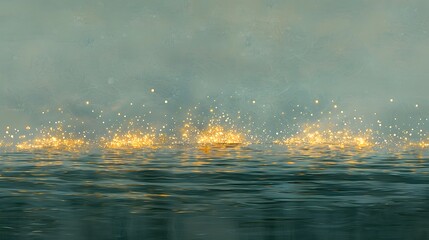 Wall Mural - glistening gold sparkles scattering over a reflective teal surface with an artistic textured backgro