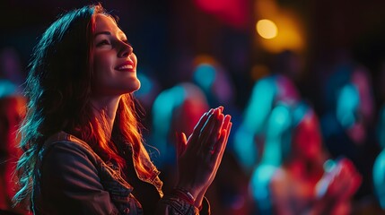 Wall Mural - Enthusiastic woman with glowing expression clapping during a vibrant evening event with dynamic colorful lighting in the background