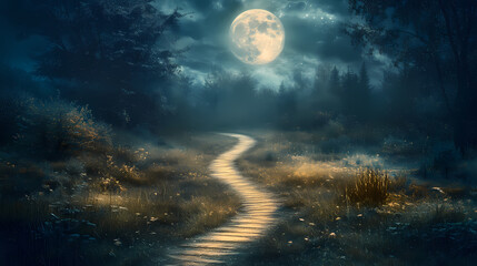 Wall Mural - Enchanting moonlit pathway through luminous forest under dreamy skies, digital art of fantasy landscape concept. Serendipity. Illustration