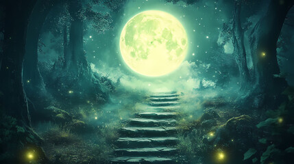 Wall Mural - Enchanting moonlit pathway through luminous forest under dreamy skies, digital art of fantasy landscape concept. Serendipity. Illustration