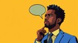 © Elkhan Babayev - Concerned African American man in blue suit against yellow background frowns and thinks. Speech bubble above his head. Pop art style vector illustration.