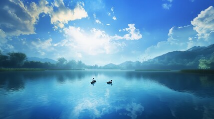  Ducks gracefully glide through the crystalline lake, tracing intricate patterns in the azure sky reflected in the glassy water.