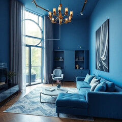 Modern luxury apartment interior in minimal scandinavian style, blue color