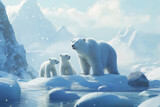 Polar bear family observes the arctic landscape from a melting ice floe, highlighting the impact of climate change on their habitat