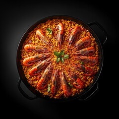 Wall Mural - A striking seafood paella topped with vibrant shrimp and garnished with fresh herbs, set against a dark background.