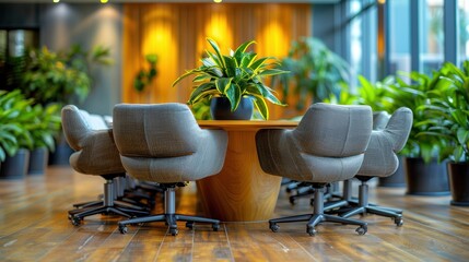 Wall Mural - Conference room featuring modern design and green indoor plants, fostering an atmosphere of creativity and collaboration in a business setting