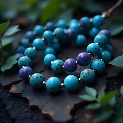 beautiful turquoise beads on the background of nature