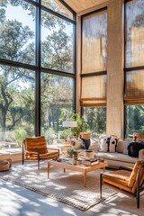 Canvas Print - Sunlit Living Room With Leather Chairs And Large Windows