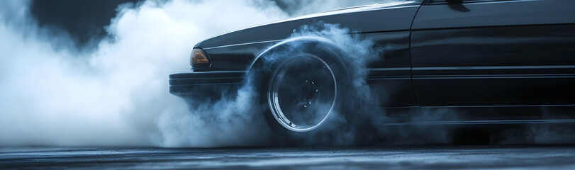 Sticker - Close-up of a black car performing a drift, with wheels spinning in a cloud of smoke  -