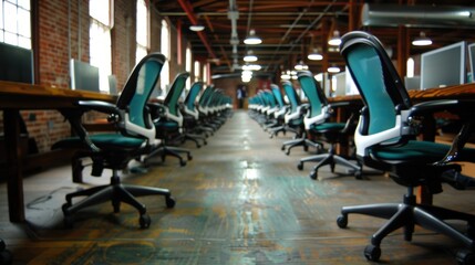 Wall Mural - Modern Open-Plan Office Space with Rows of Ergonomic Chairs and Desks Lined Up Symmetrically, Featuring Exposed Brick Walls and Industrial Ceilings