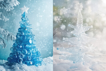 Wall Mural - unique christmas trees made from blue and clear bottles in a snowy winter setting