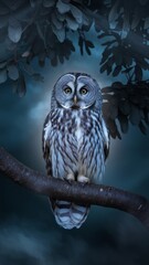 A large owl is perched on a tree branch in the dark. The owl is looking at the camera, and the scene is quiet and peaceful