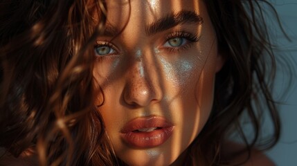 Wall Mural - A close-up portrait of a person with striking features, illuminated by streaks of light creating a dramatic effect that highlights facial details with artistry