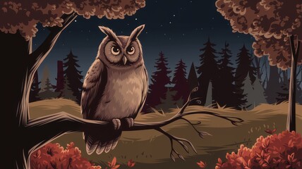 A large owl is perched on a tree branch in the dark. The owl is looking at the camera, and the scene is quiet and peaceful