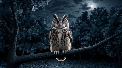 A large owl is perched on a tree branch in the dark. The owl is looking at the camera, and the scene is quiet and peaceful