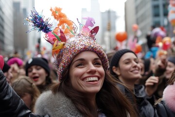 Wall Mural - A delighted young woman participates in a festive gathering, surrounded by colorful hats and cheerful expressions, embodying the spirit of celebration and community excitement.