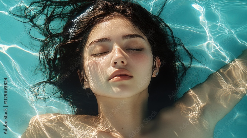 Beautiful Japanese woman lying in water in swimming pool Stock Photo ...