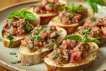 Poster - Close up of tasty bruschetta with pate on a plate