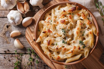 Wall Mural - Close up top view of French onion penne pasta with caramelized onions thyme garlic and gruyere cheese in a wooden bowl