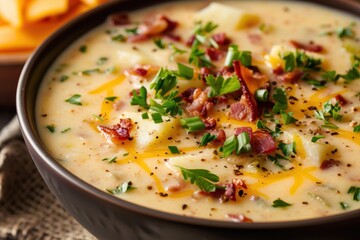 Poster - Close up vertical shot of creamy potato soup with bacon and cheddar cheese in a pan