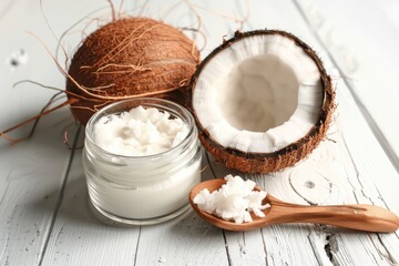 Wall Mural - Coconut oil on white wooden surface ideal for package design