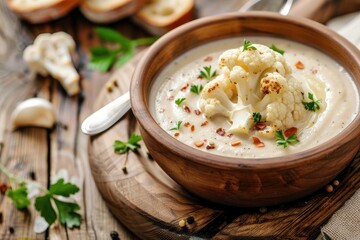 Poster - Creamy cauliflower soup with crispy cauliflower and toast on wood background