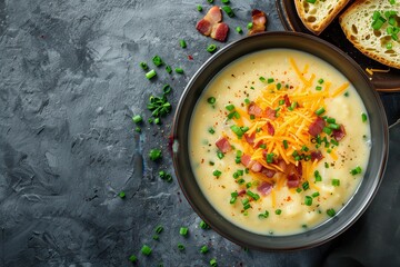 Poster - Creamy potato soup with bacon and cheddar on light background Healthy dinner option Top down view