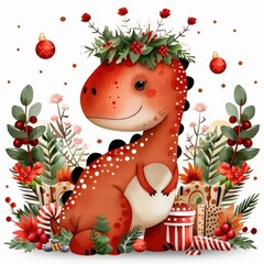 Wall Mural - Charming Cartoon Dinosaur Surrounded by Festive Holiday Decorations