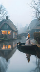 Woman in Boat on Misty Canal, Charming Dutch Village