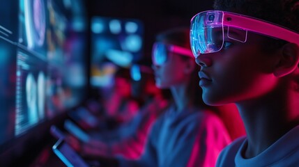 Young people wearing AR glasses, using digital technology.