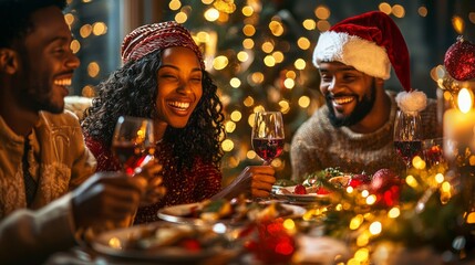 Wall Mural - Close friends gather around a beautifully decorated table, sharing delicious food and laughter. The warm glow of lights creates a festive atmosphere for their joyful celebration