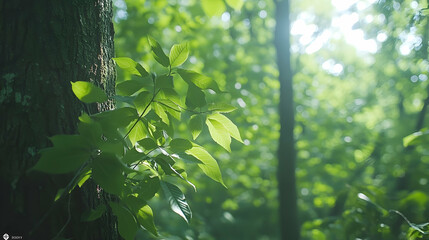 Wall Mural - Lush green leaves on tree trunk in sunlit forest.