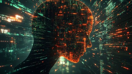 Digital head profile formed by glowing code streams.