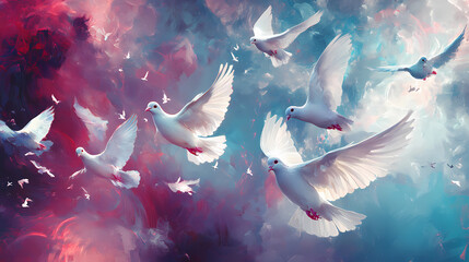 Wall Mural - Ethereal flight: a symphony of doves in vibrant skies, generative ai. Nirvana. Illustration