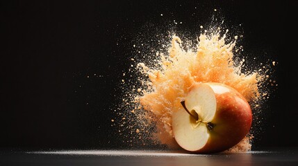 Wall Mural - Exploding red apple with juice splash on black background.