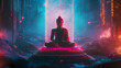 © Thiago - A radiant holographic depiction of buddha meditating amidst a dark, serene, and luminescent atmosphere. Nirvana. Illustration