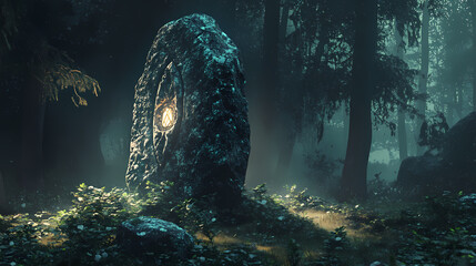 Glowing rune stone in the dark forest. Runestone. Illustration