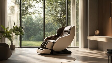 Poster - This unique chair positioned by a large window creates a tranquil atmosphere, combining multisensory experience with aromatherapy while surrounded by lush greenery and natural light.