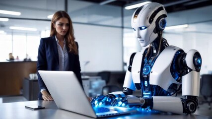 Female employee looking at robot while he is typing on laptop in office, woman fearing that she will lose her job. Artificial intelligence replacing humans, impact of AI technology at work
